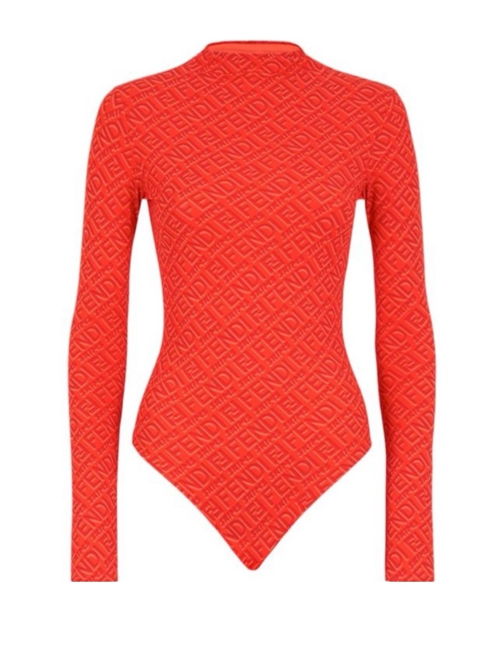 Fendi Orange-Red Long Sleeve Logo-Embossed Bodysuit